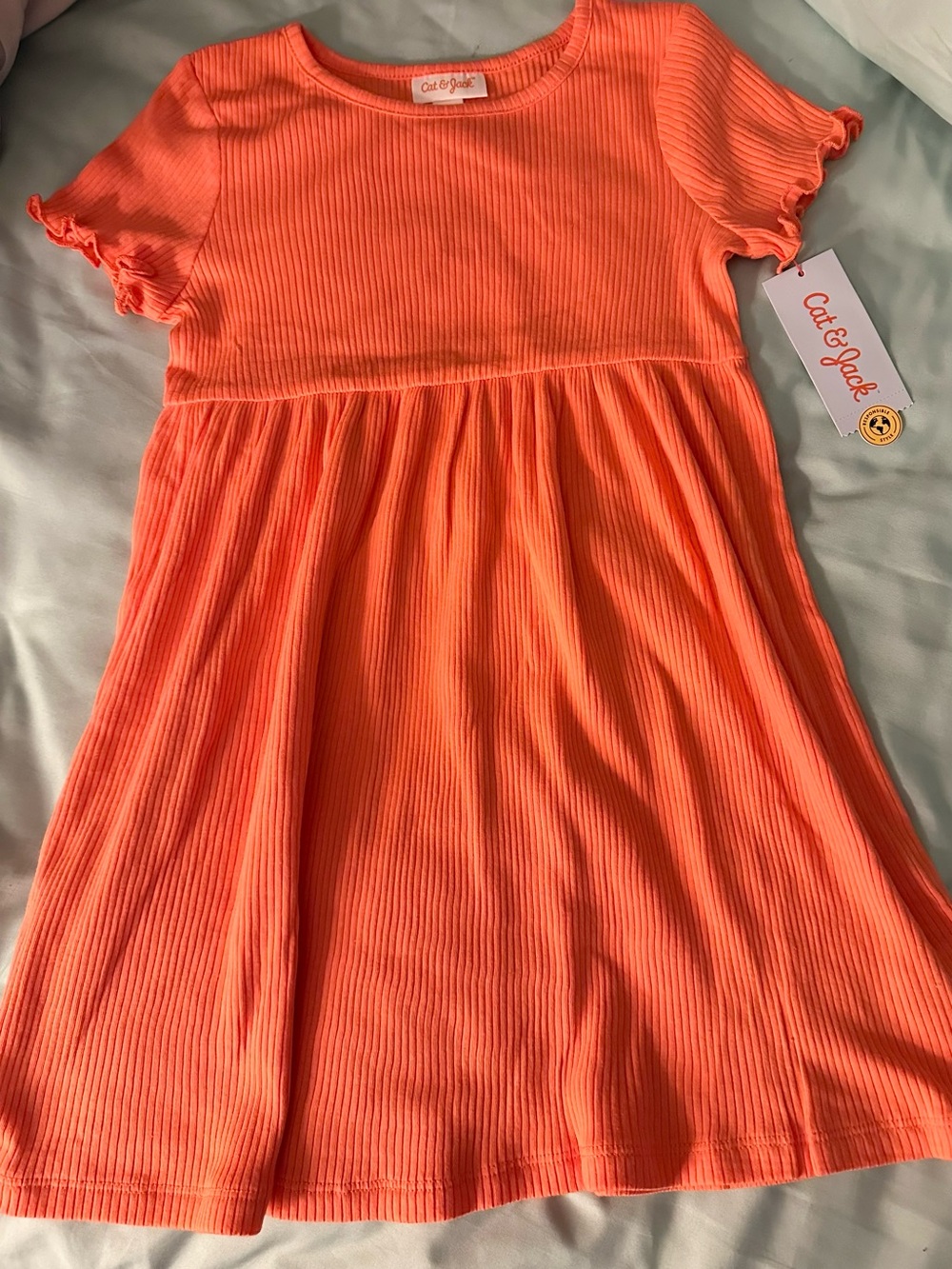 Cat & Jack Neon Orange Ribbed Short Sleeve Dress